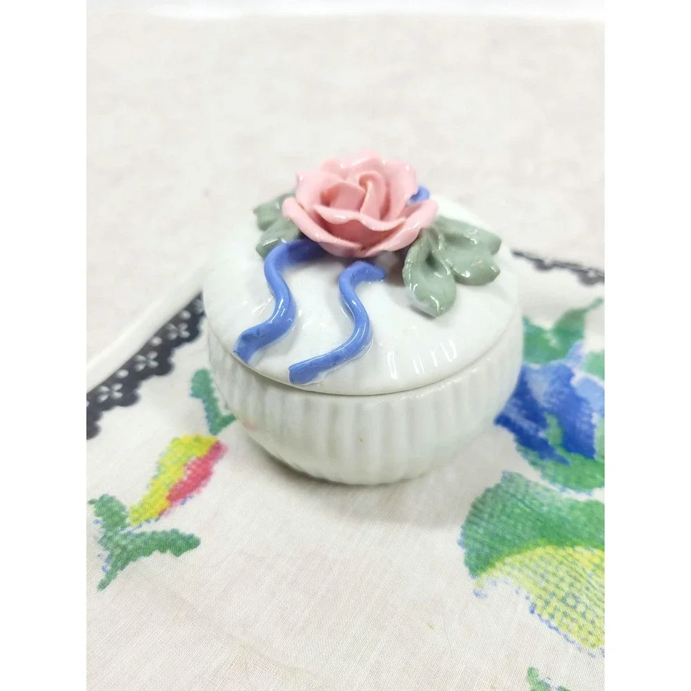 Dainty Porcelain Rose Trinket Box Round Blue Ribbon Accent 3